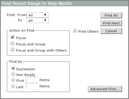 The Find Period Range in Ship Month dialog box.