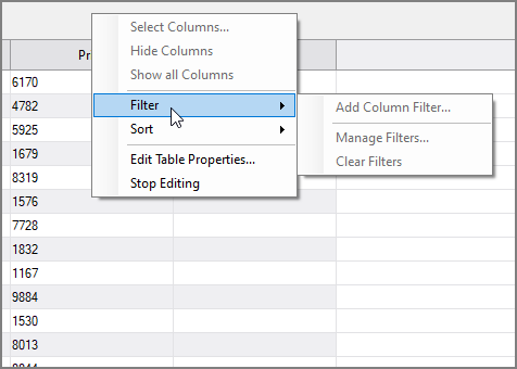 Table Editor Context Menu on Filter