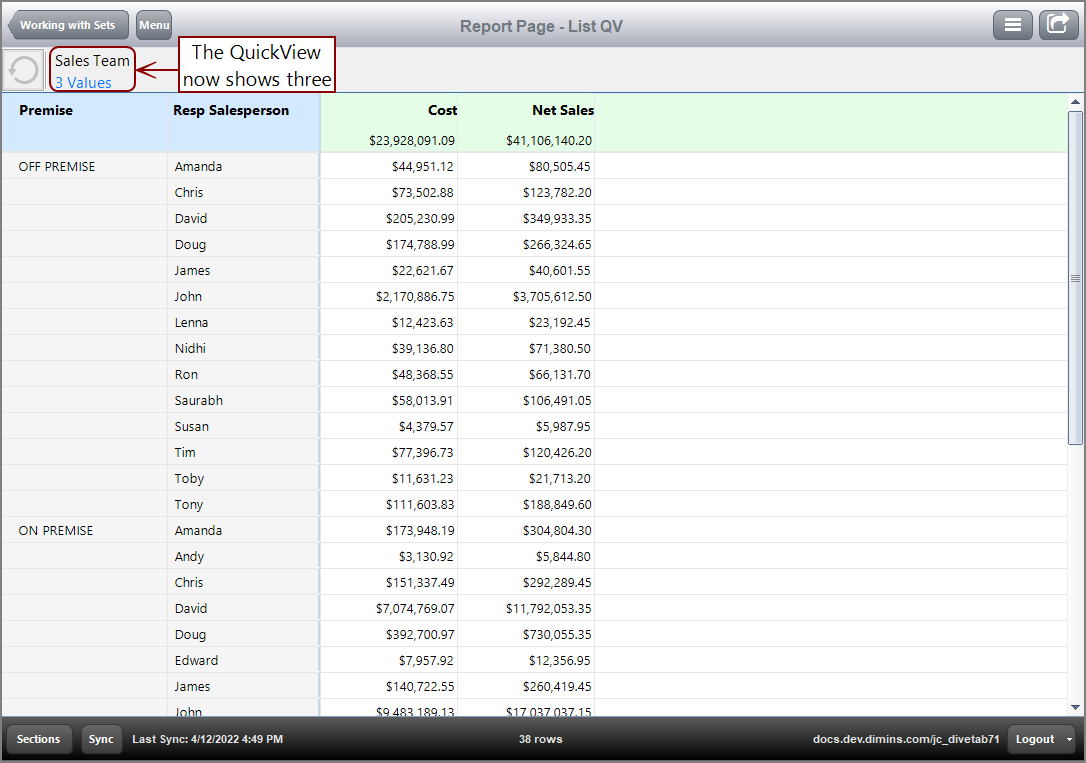The resulting report page when values Crowe and Higbee are selected.