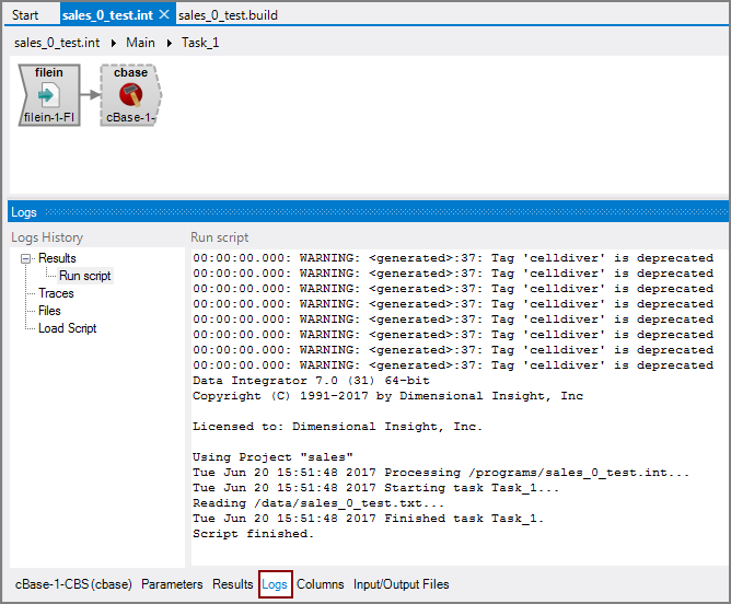 VI Logs Tab after cBase Build