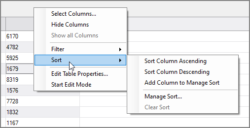 Table Editor Context Menu selecting sort