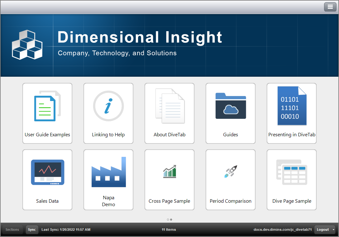 Example of DiveTab on the PC. Example of a main menu for DiveTab on the PC.