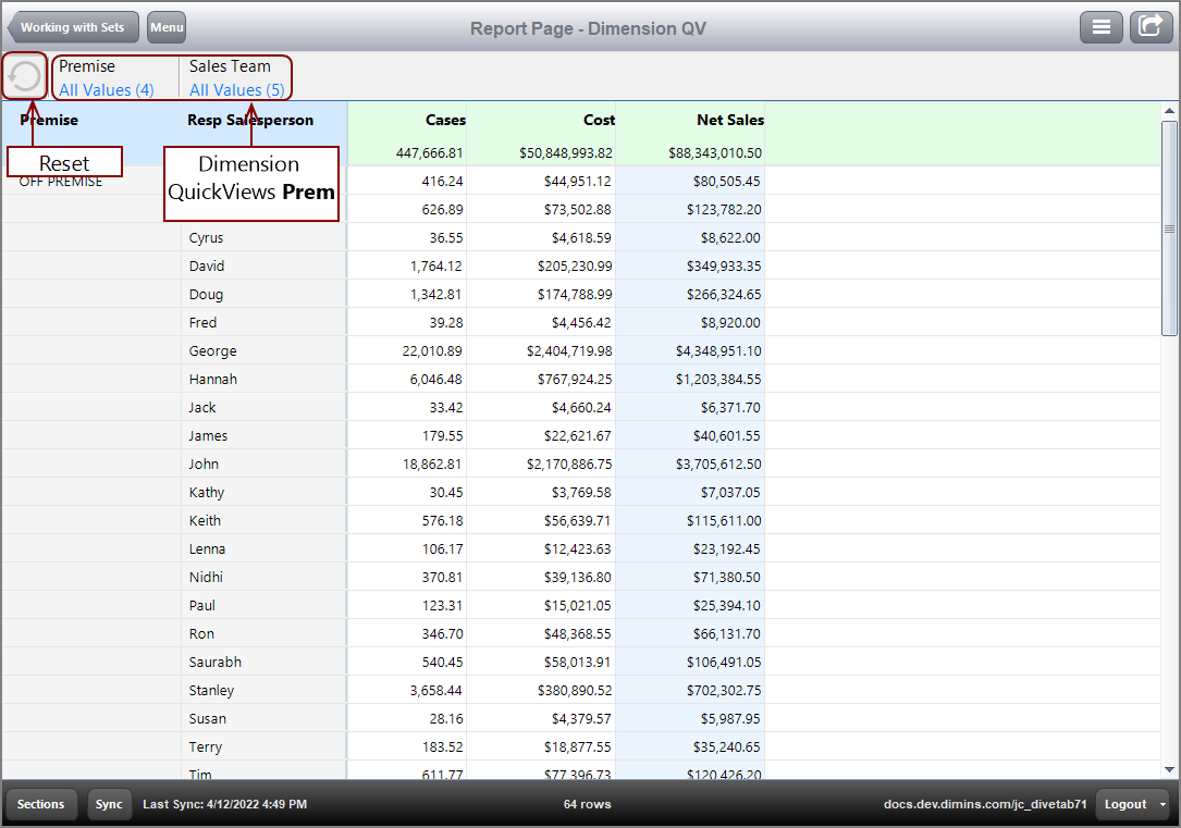 Example of a Dimension QuickView