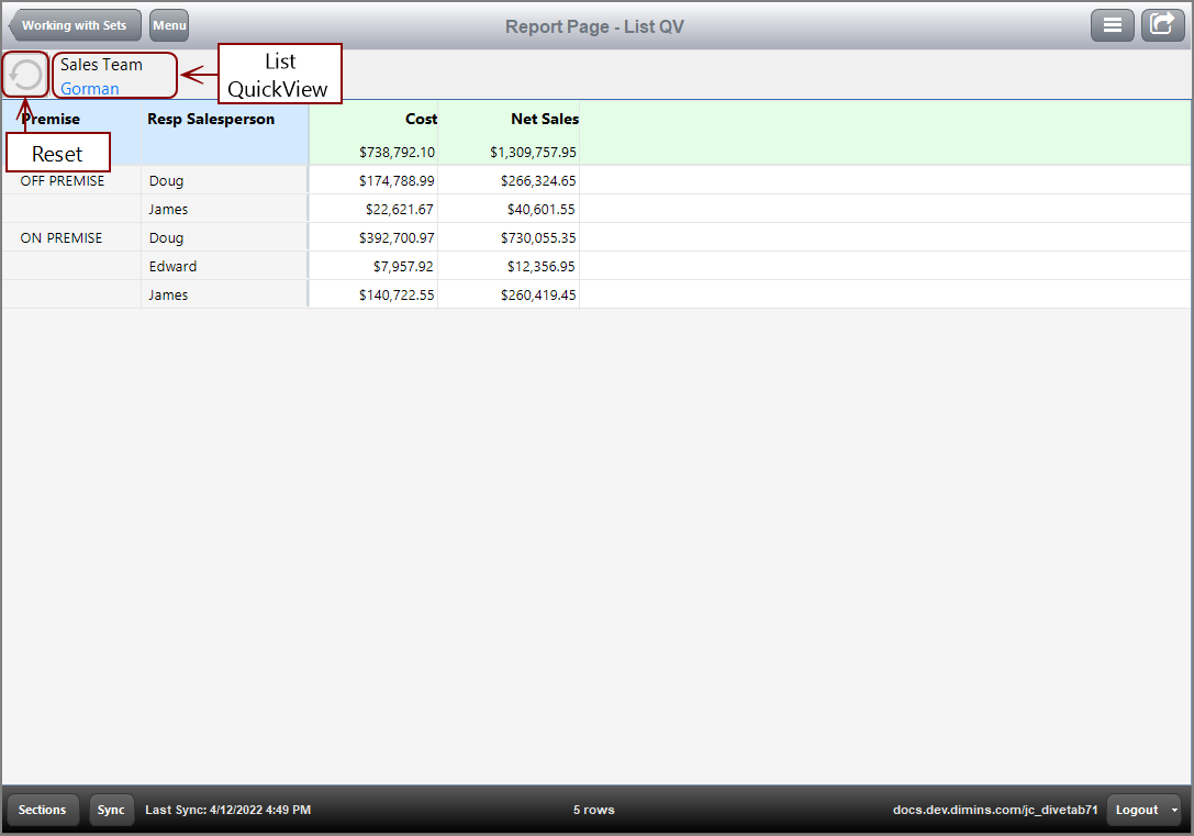 Example of a List QuickView