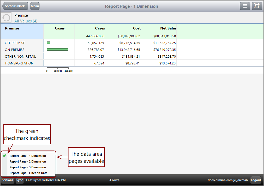 Example of a Report page with the Sections Button opened to show other data pages available for viewing. Example of a Report page with the Sections Button opened to show other data pages available for viewing.