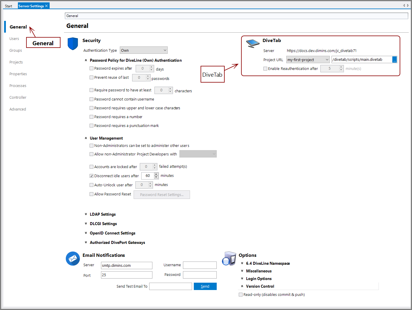 DiveTab Settings in Workbench DiveTab Settings in Workbench