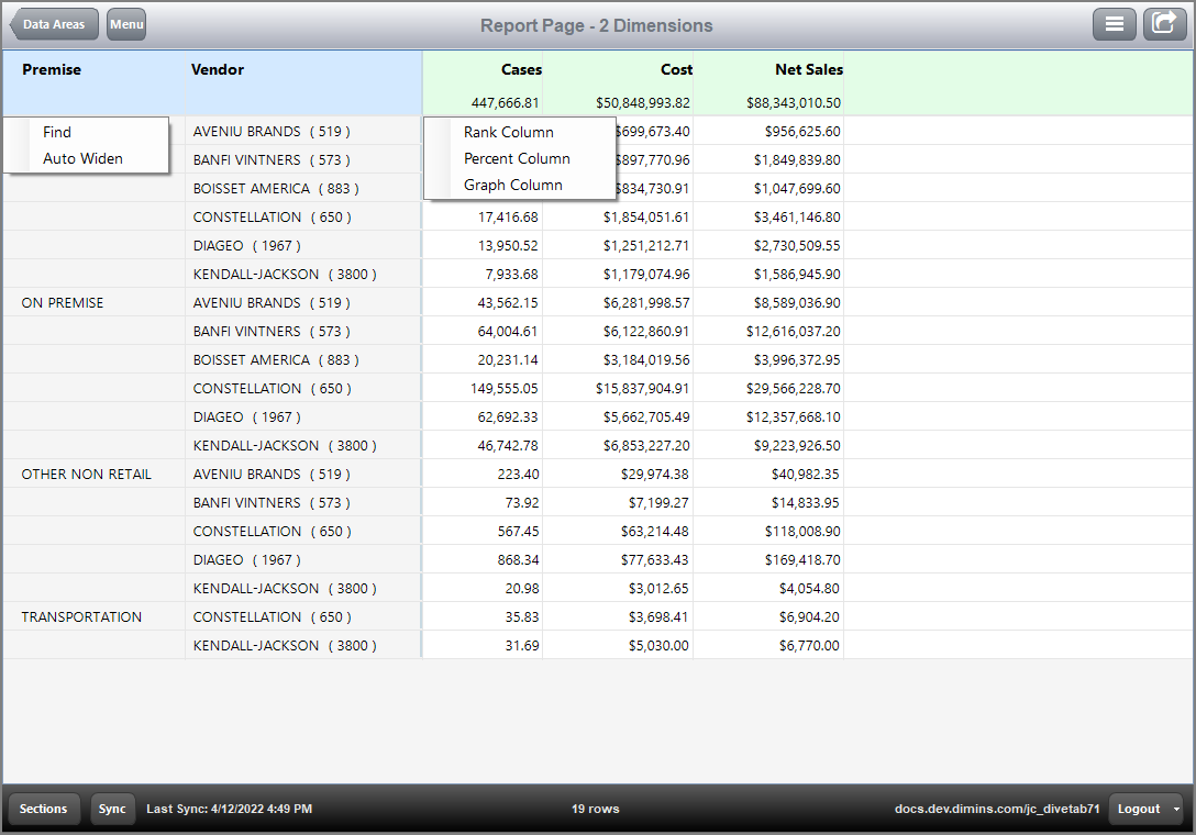 The dimension context menu of a report page with multiple dimensions. The dimension context menu of a report page with multiple dimensions.