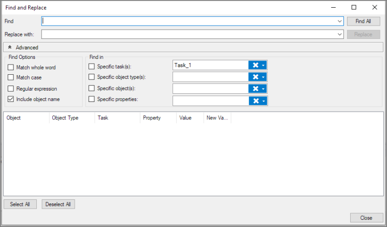 Find and Replace dialog box in VI Find and Replace dialog box in VI