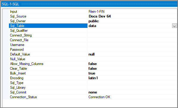 VI SQL Output Object Attributes Example attributes pane for a VI SQL output object