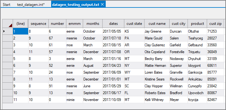 VI Datagen Output Table VI Datagen Output Table