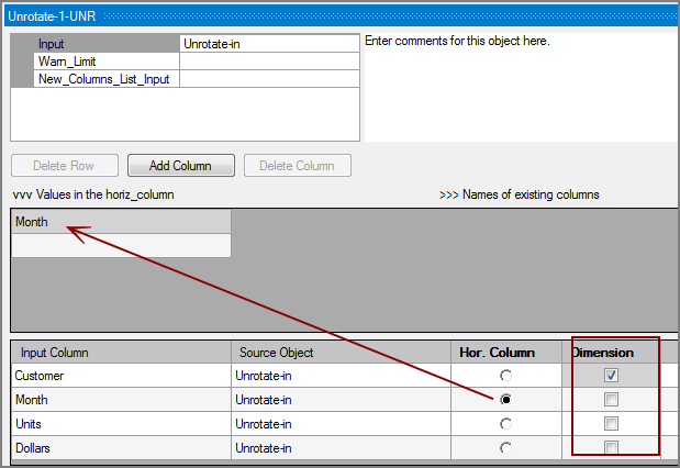 VI Unrotate Object Example Column Grid - choose horiz column Example of choosing input column for horizontal column in VI Unrotate process object