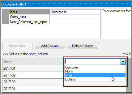 VI Unrotate Object Values Columns Selecting an input column fo ra output values column