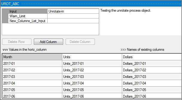VI Unrotate Object Value Column Example Example of value columns in a VI Unrotate process object